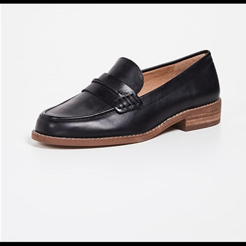 Madewell Black Leather Penny Loafers with Brown Sole